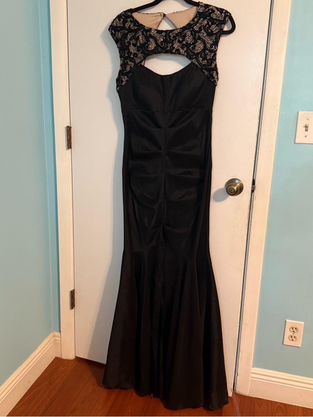 Formal R&M Richards Black Prom Gown with Beaded Lace Yoke